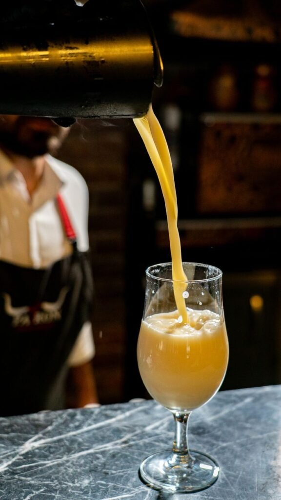 Close-up of bartender pouring fresh juice into glass on marble table in dimly-lit bar.